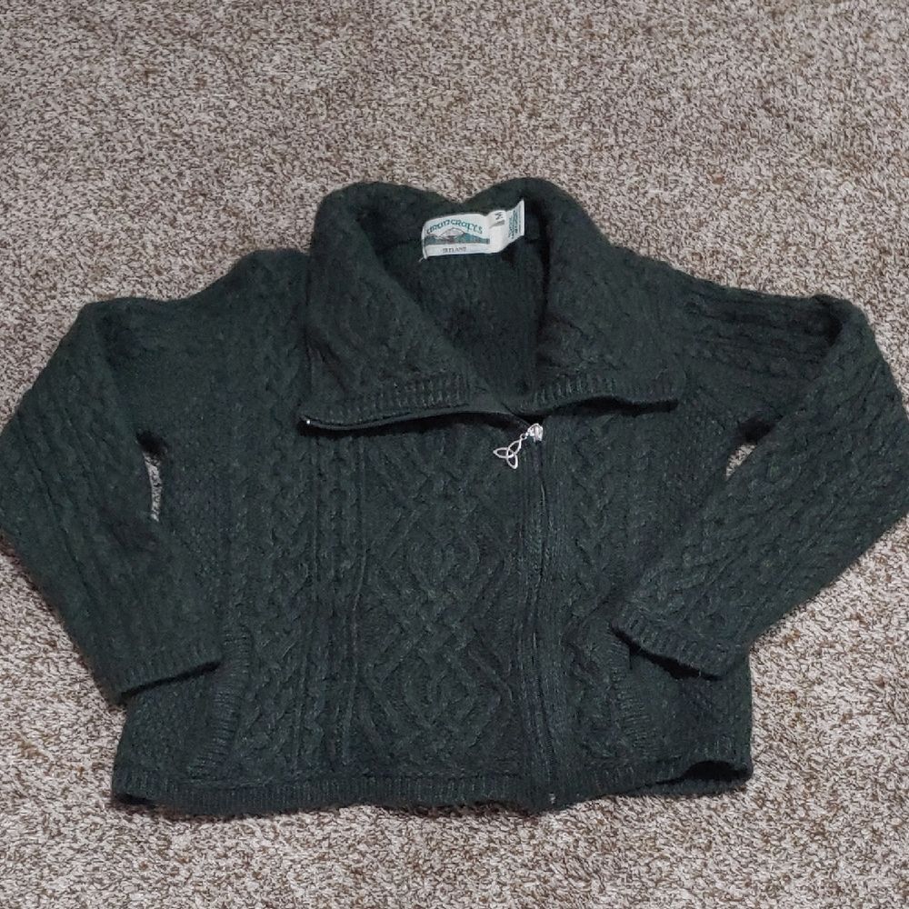 Aran Crafts Wool Cardigan Women's  Assymetrical Zip Green Sweater Size M